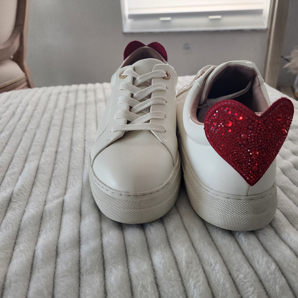 White and Red Heart Women's Sneakers